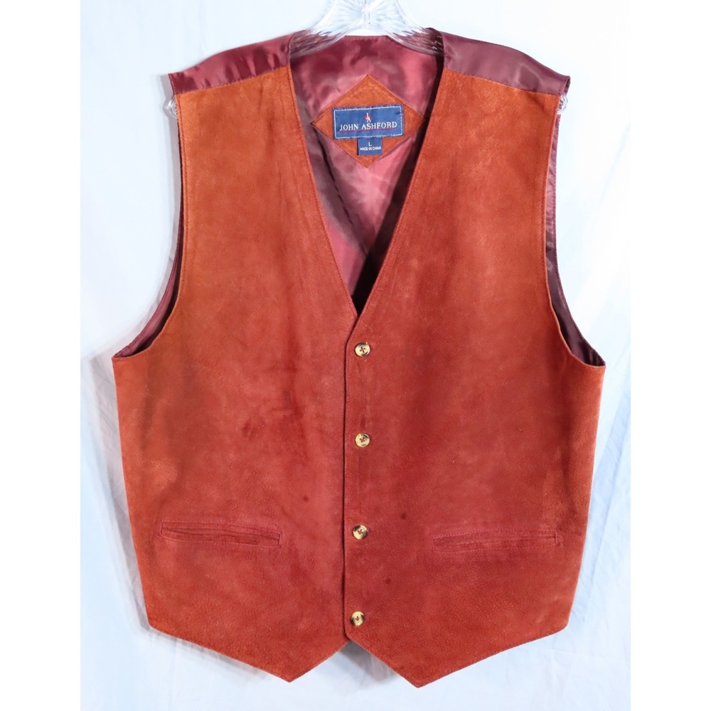 JOHN ASHFORD Super Nice RUST/BROWN SUEDE LEATHER VEST Classic Satin Back SIZE L